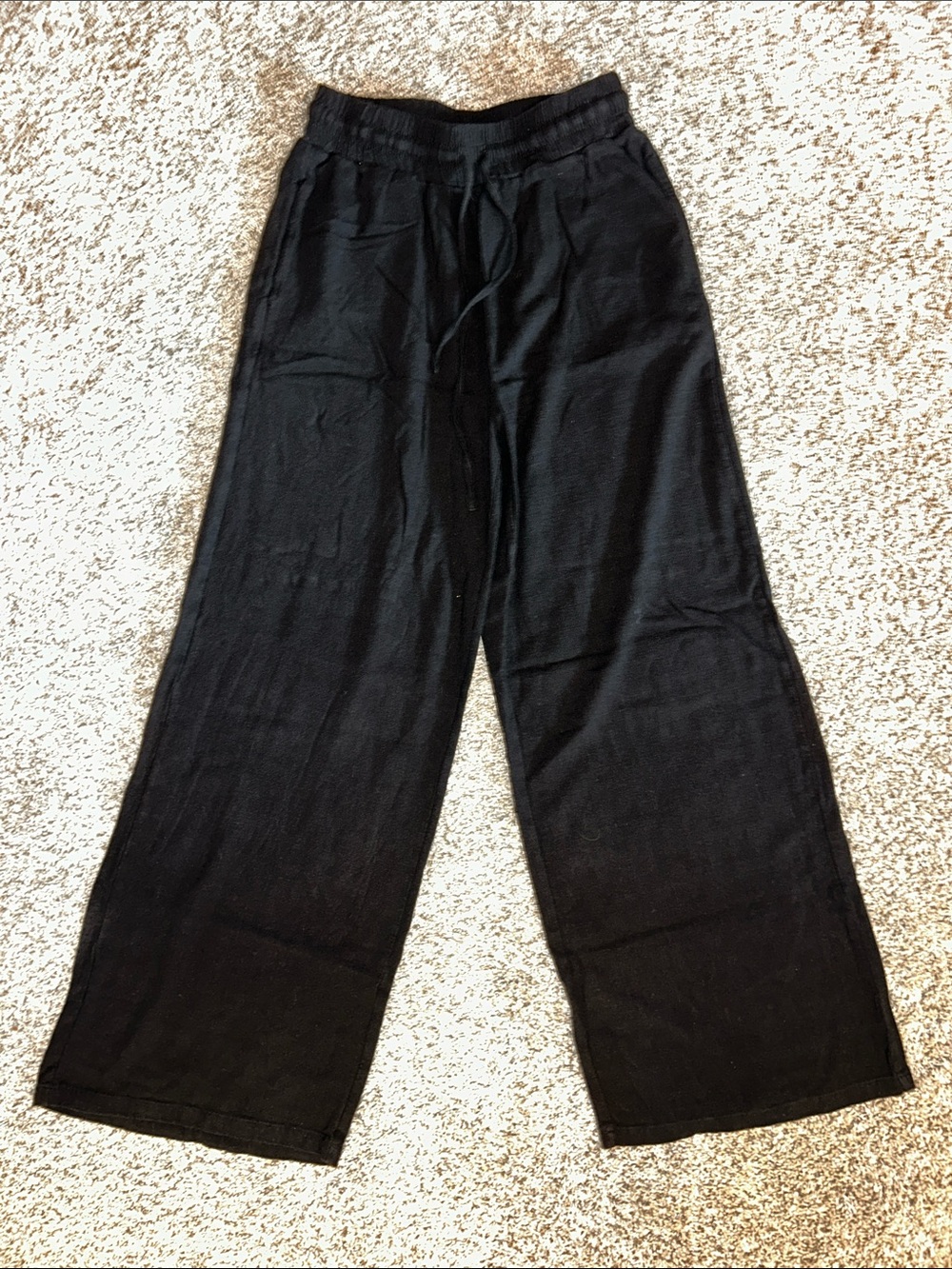 Women's Black Wide-Leg Linen Blend Pants with Drawstring Waist